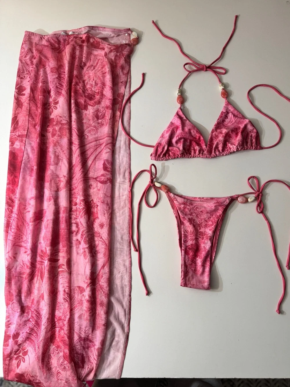 PEPPERMAYO Pink Floral Tie-String Bikini Set with Sarong - Picture 2 of 6